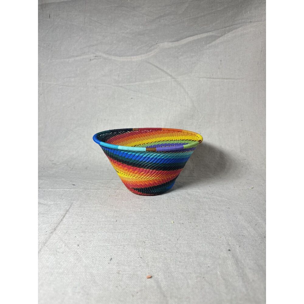 African Zulu Telephone Wire Rainbow Swirl Basket 5.5" Cone Shaped